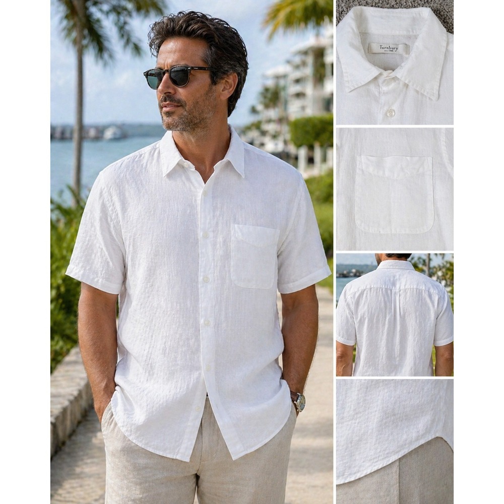 Turnbury White Linen Short Sleeve Button Shirt Mens M Summer Casual